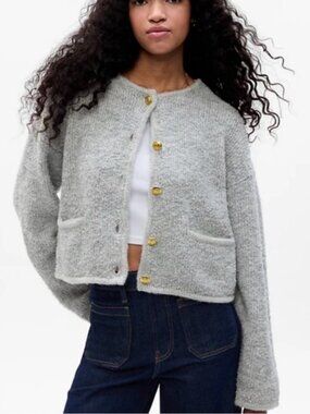 GAP Light Gray Cropped Cardigan with Gold Buttons